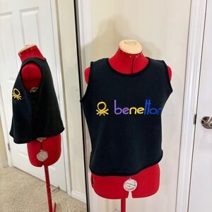 Vintage United Colors of Benetton Embroidered Logo Sleeveless Knit Top Black SM